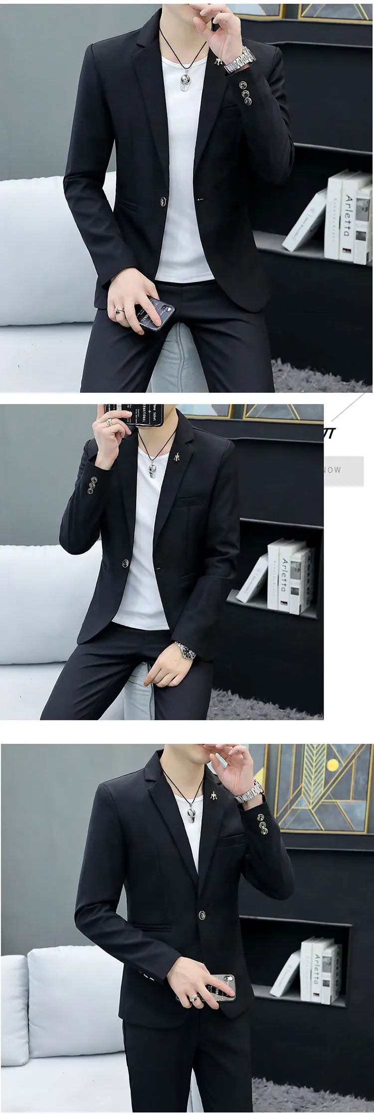 Slim Fit Two-Piece Suit Casual Business Style Solid Color Autumn  Dress Suit with Trousers Included Stylish Men's Costume