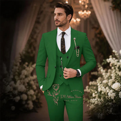Sage Green Suit Men's 3 Piece Set Peak Lapel Jacket Vest Pants Custom Slim Fit for Wedding Groom Cocktail Party Tuxedo