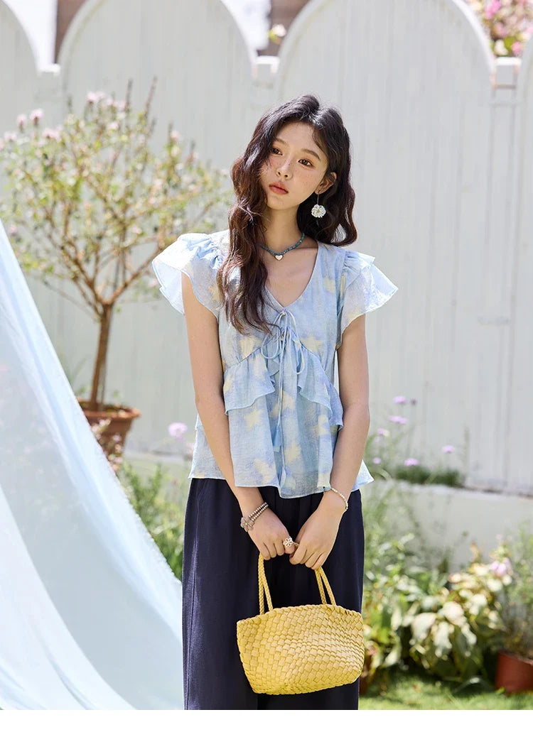 Blue Double-layer Ruffled Linen V-neck Blouse for Women Summer 2025 Slim Flying Sleeve Breathable Lace-up Tops MXE33X1819