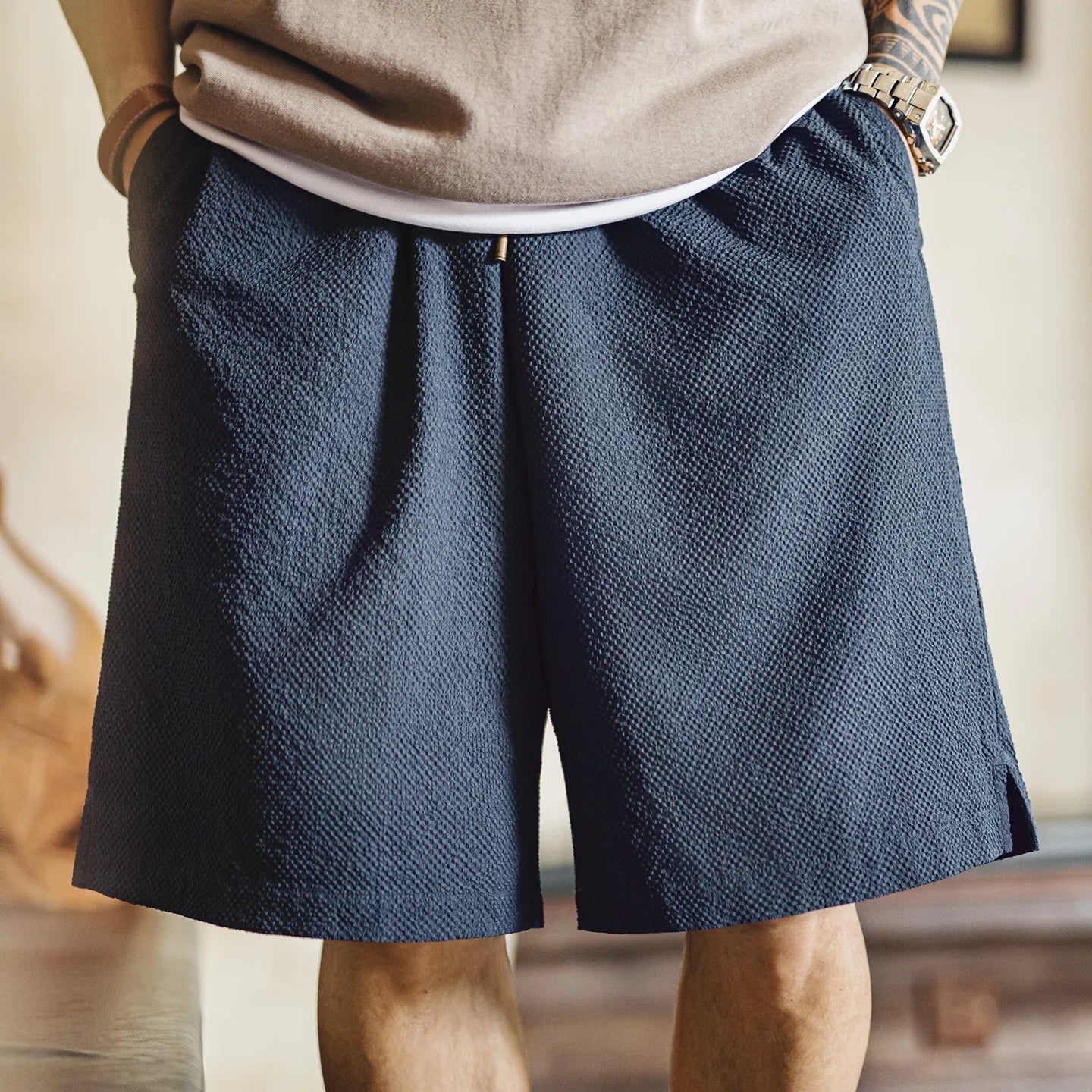 Men's Lightweight Seersucker Solid Shorts Texture Straight Five Inch Thin Breathable American Retro Workwear Casual Summer