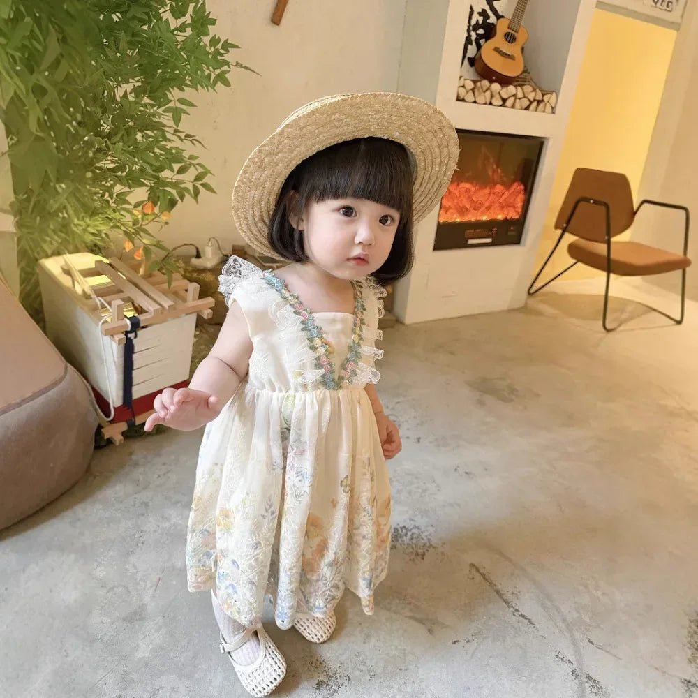 Fashion 2-7 Years Girl Print Lace Sleeveless Vest Princess Dresses Summer Beige Flower Kids Casual Clothes Korean Version