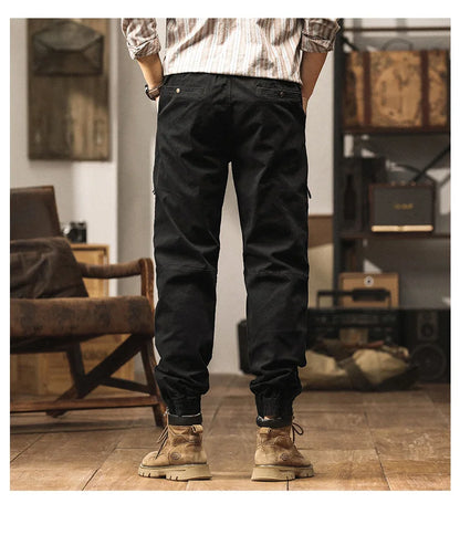 Cotton Men's Cargo Pants Elastic Waist Stretch Trouser Male Multi Pocket Casual Jogger Fit Ankle Length Zipper Purple Drawstring