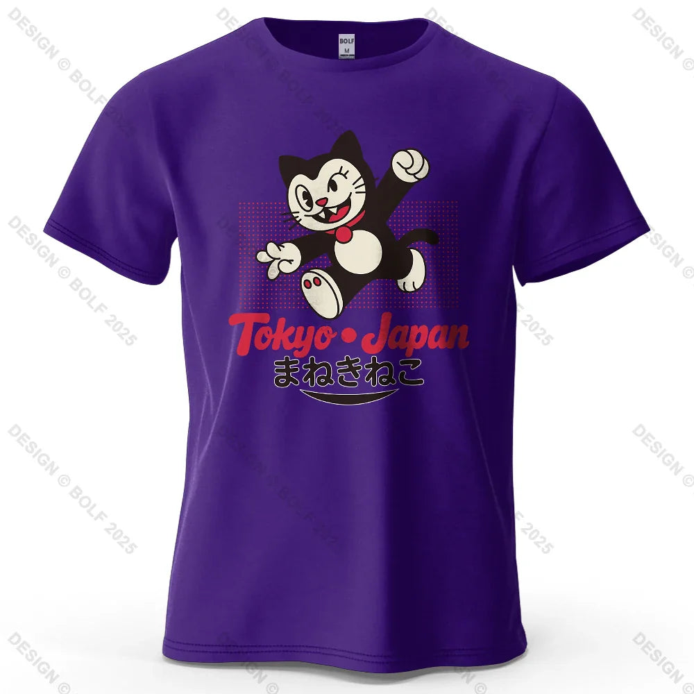 Tokyo Japan Maneki Neko Printed Men's T-Shirt 100% Cotton Oversized Cute Graphic Tees for Women Tops Tees Streetwear