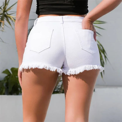 Women Summer Split Tassel Trouser Legs Denim Shorts Vintage Broken Holes Three Quarter Pants Female Casual High Waist Mini Jeans
