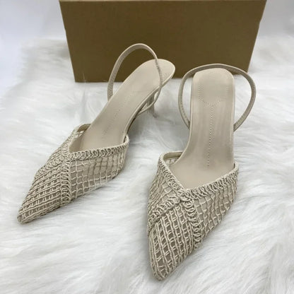 Mesh Woven Heeled Sandals Women Sexy Pointed Toe Back Strap Thin High Heels Comfortable Elegant Designer Shoes for Women Pumps