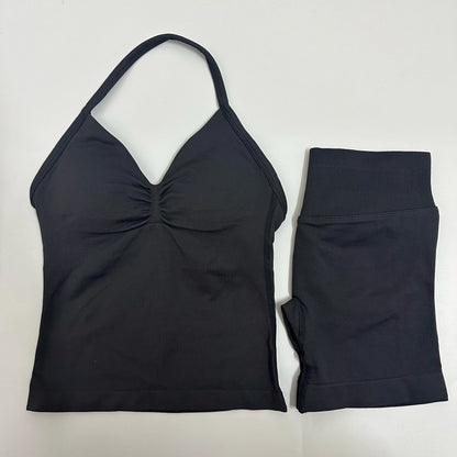 Women Yoga Set Seamless Yoga Longline Strappy Tank Top Scrunch Sports Shorts Gym Clothes Woman Summer Workout Outfit