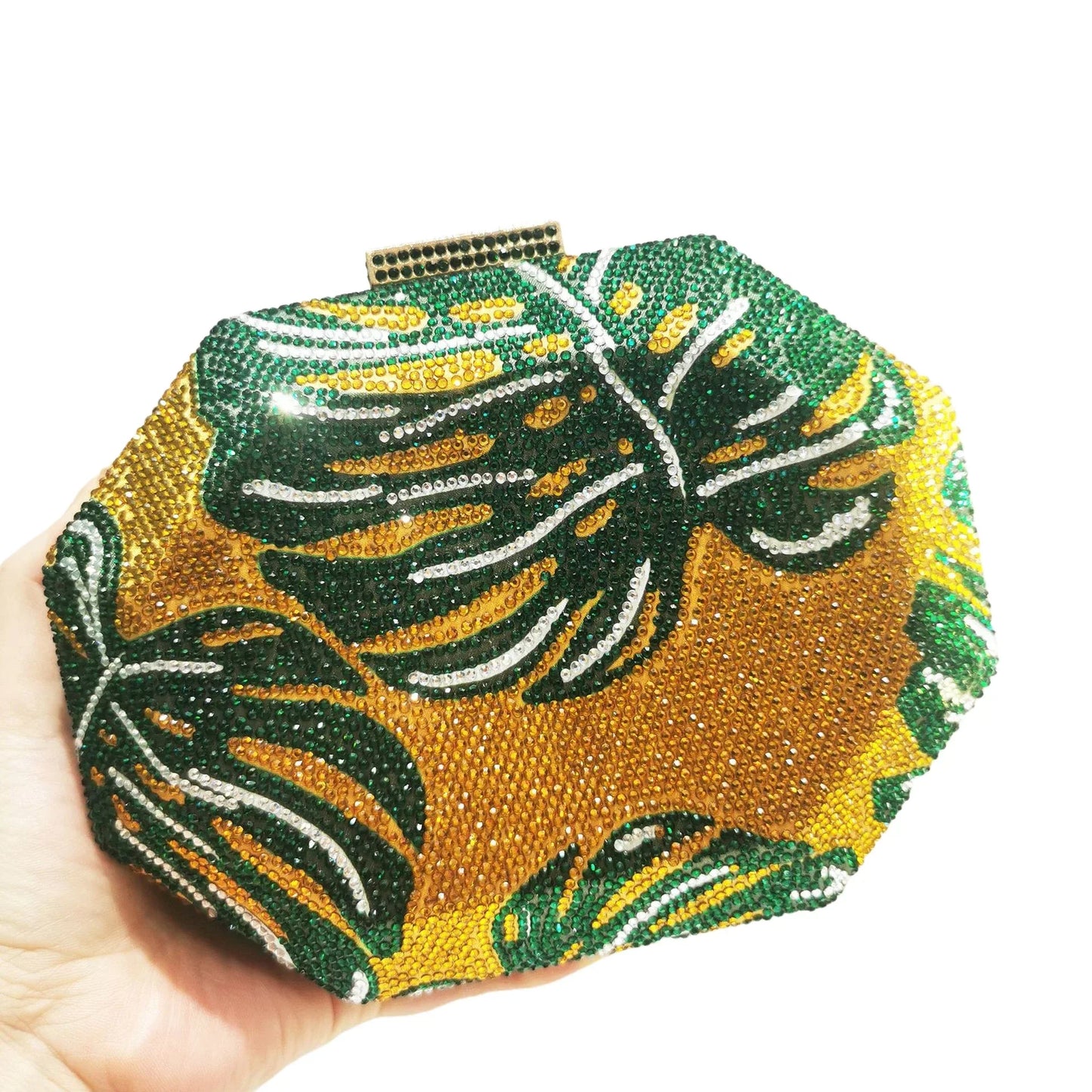 Green Leaf Diamond Evening Bag Gold Crystal Wedding Prom Clutches Formal Lady Rhinetone Chain Shoulder Handbags Party Purse