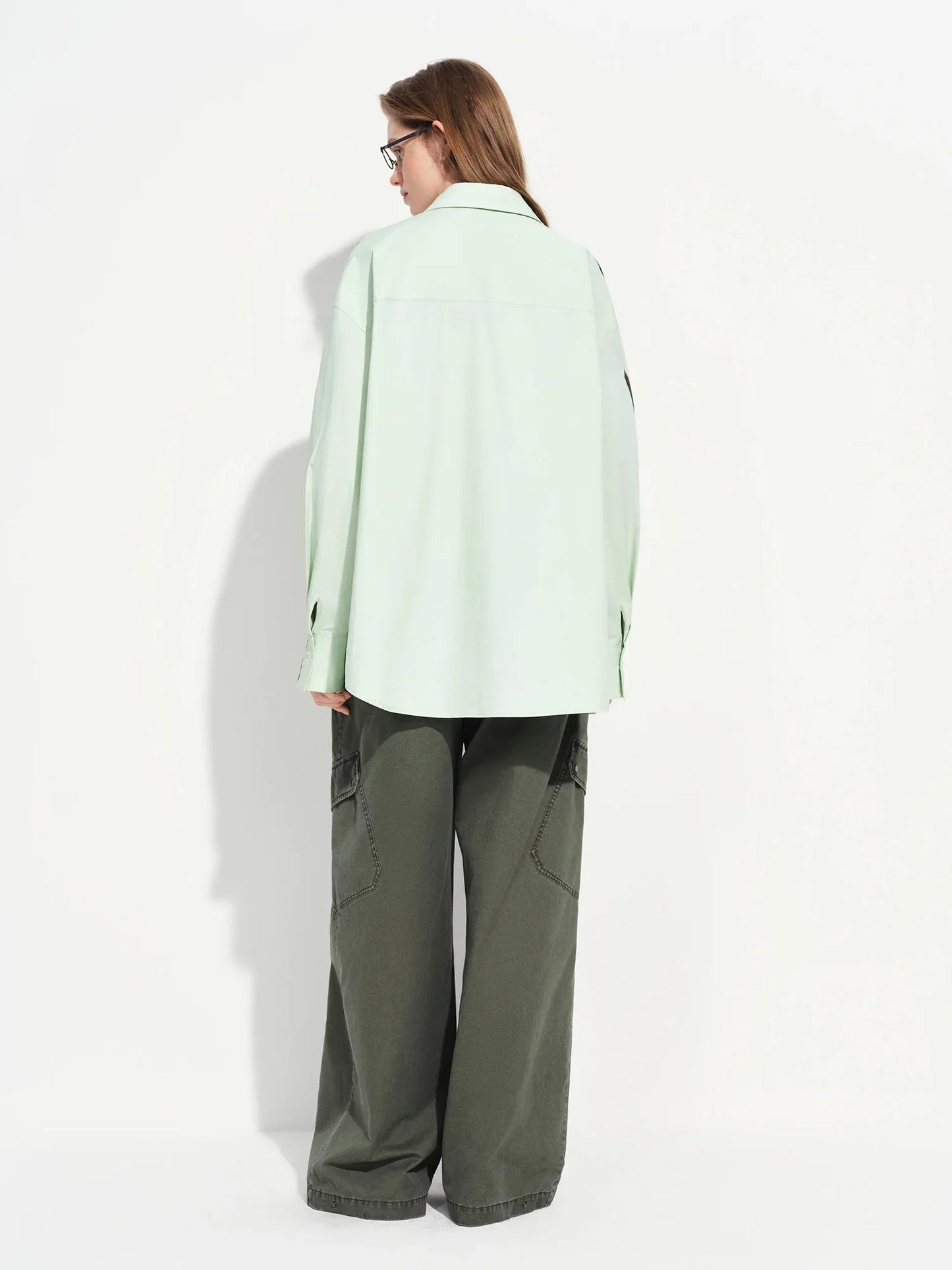 Women's French Loose Fit Cotton Shirt Long Sleeve Layering Top with Web Strap Detail Casual Oversized Blouse