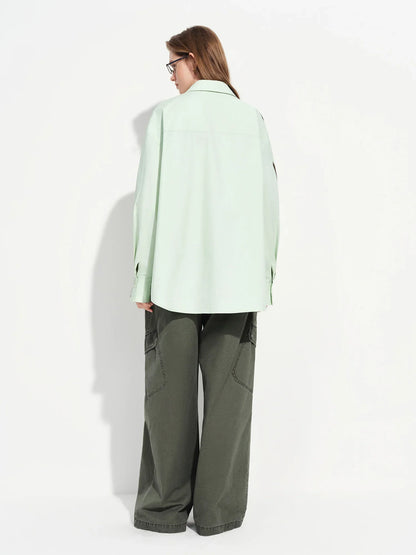 Women's French Loose Fit Cotton Shirt Long Sleeve Layering Top with Web Strap Detail Casual Oversized Blouse