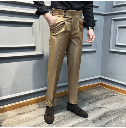 Italian Style Naples High Waisted Straight Pants Men High Quality Solid Color Business Casual Formal Office Social Suit Pants