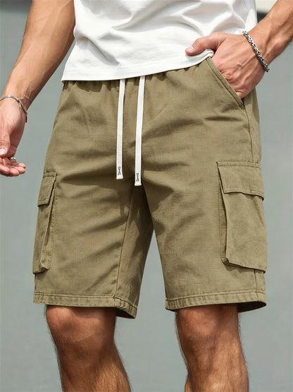 Men's Loose Polyester Straight-Leg Pants, Casual Multi-Pocket Work Shorts, High-End Men's Shorts, Drawstring Daily Work Shorts