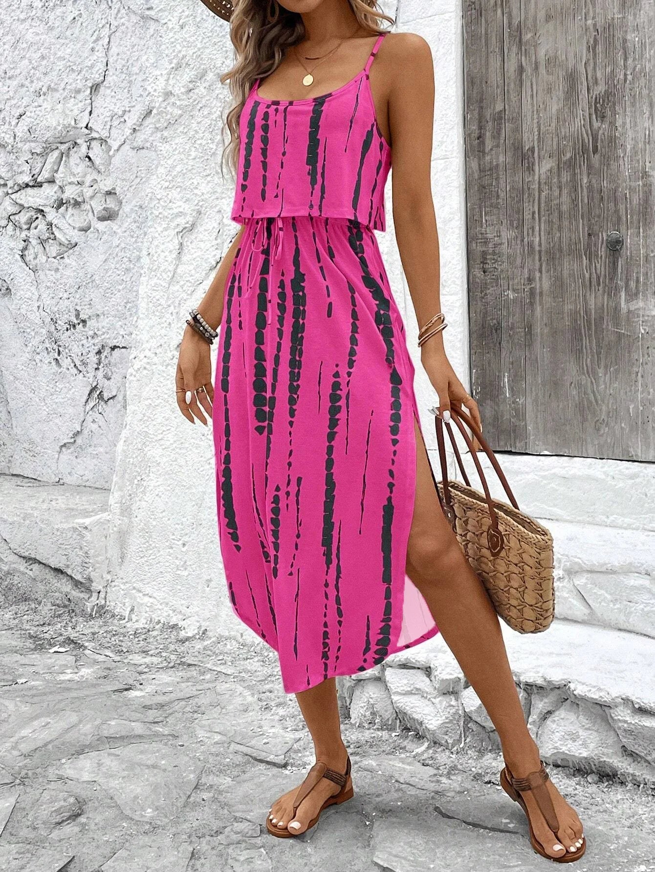 Women's Summer Spaghetti Strap Dress with Belt & Side Slit - Casual Sleeveless Flowy Dress