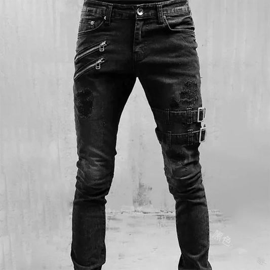 2022 New Jeans Men Fashion Hole Streetwear Straight Jeans Spring Summer Moto & Biker Skinny Casual Denim Pants For Men