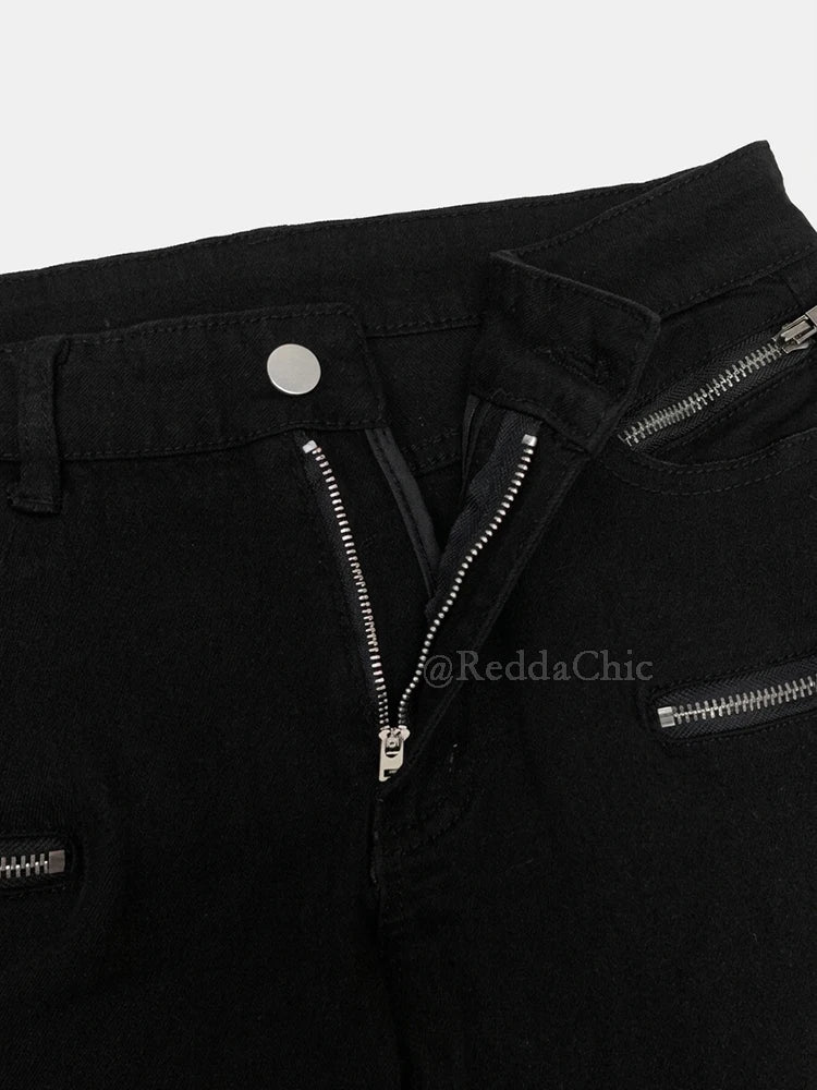 Women Tight Low Rise Jeans Biker Moto Zipper Cuffs Stretchy Black Split Straight Denim Pants Rokku Gyaru Streetwear