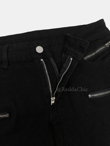 Women Tight Low Rise Jeans Biker Moto Zipper Cuffs Stretchy Black Split Straight Denim Pants Rokku Gyaru Streetwear