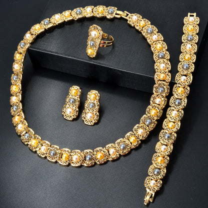 Dubai Luxury Quality Jewelry Set For Women Trend Pearl Necklace Bracelet Ring Earrings Jewelry Set 18k Gold Plated Jewelry