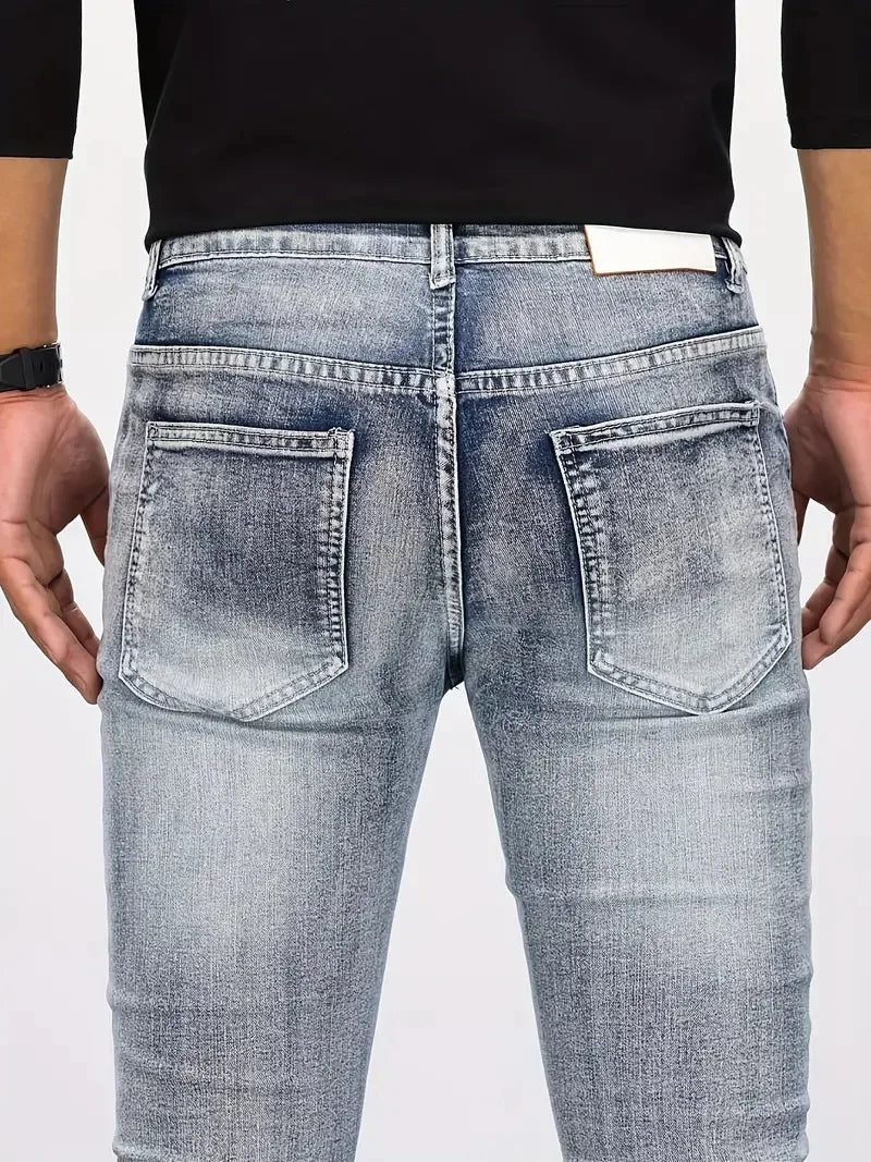 Two tone distressed patchwork jeans for men trendy jeans for summer thin straight leg pants slim fit small leg distressed jeans