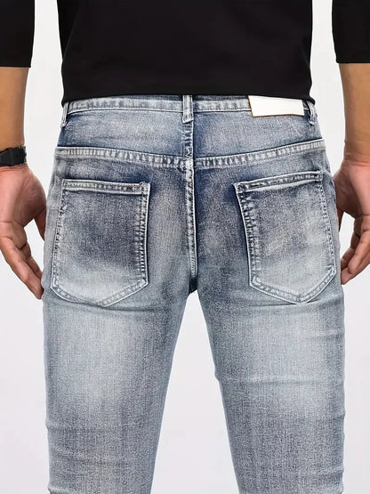 Two tone distressed patchwork jeans for men trendy jeans for summer thin straight leg pants slim fit small leg distressed jeans