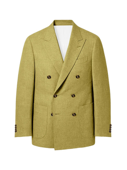 Men's Linen Double Breasted Blazer Peak Lapel Casual Business Suit Jacket With Patch Pockets For Daily Office Wear