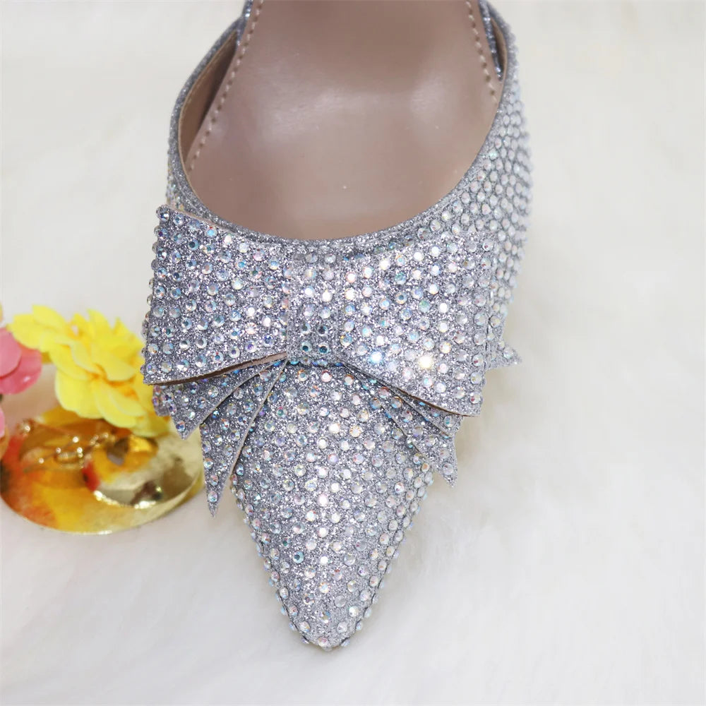 New Silver Simple And Comfortable Streamlined Pointed Shoes Fashionable And Versatile Party Ladies Shoes And Bag Set