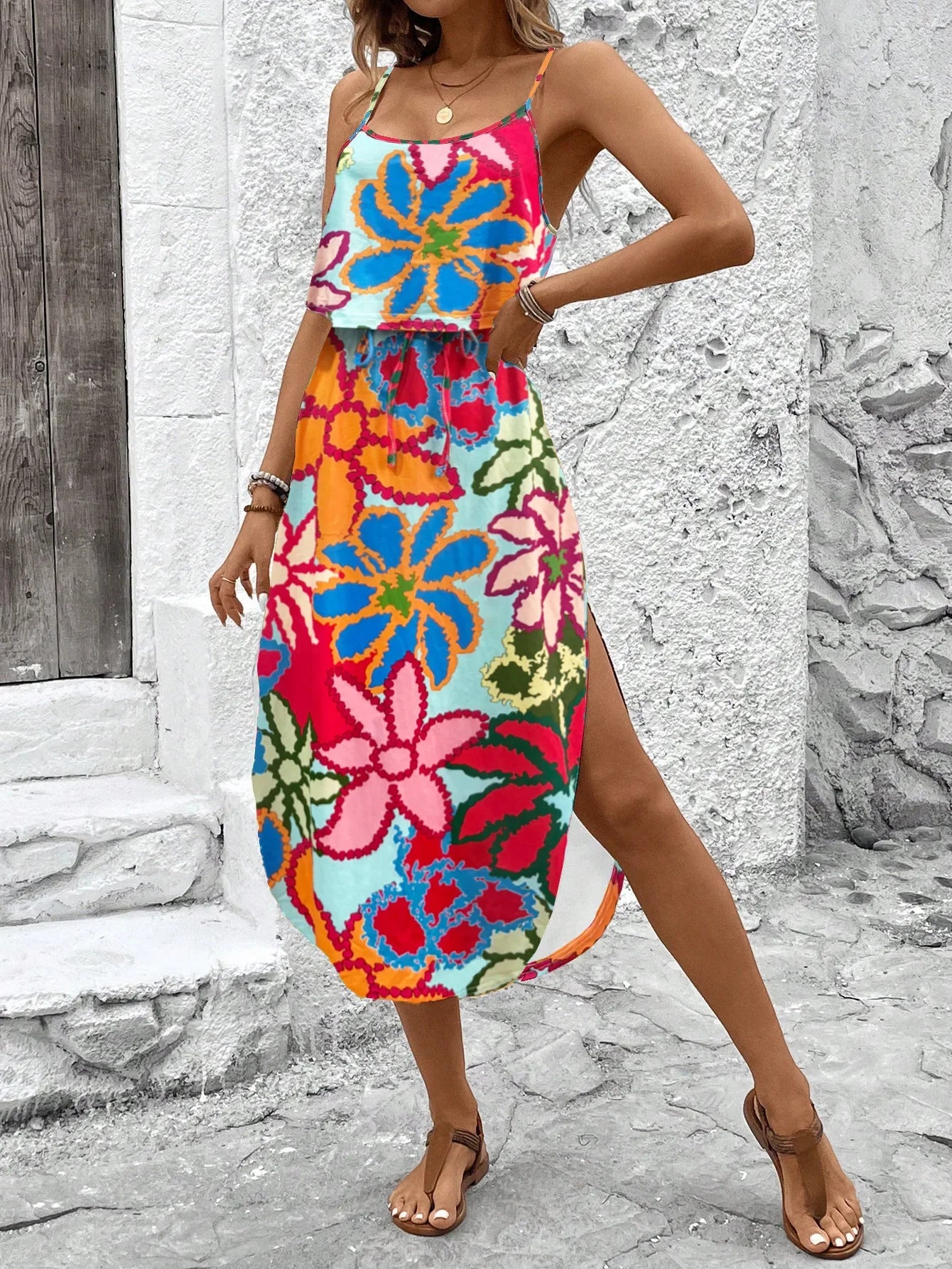 Women's Summer Spaghetti Strap Dress with Belt & Side Slit - Casual Sleeveless Flowy Dress