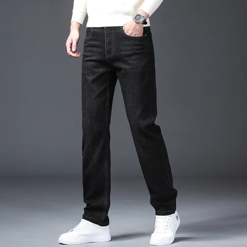 Classic Straight Men's Jeans Spring Slightly Thick Elastic Casual Office Business Trousers Fashion Comfort Washed Denim Pants