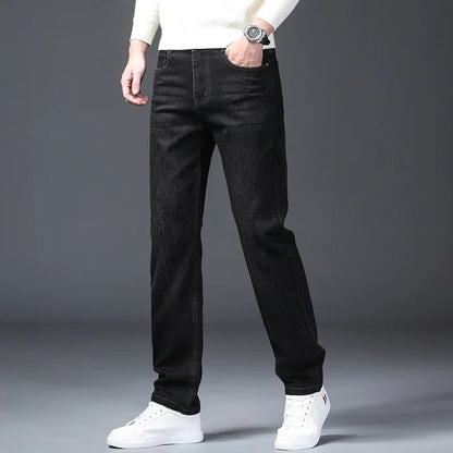 Classic Straight Men's Jeans Spring Slightly Thick Elastic Casual Office Business Trousers Fashion Comfort Washed Denim Pants