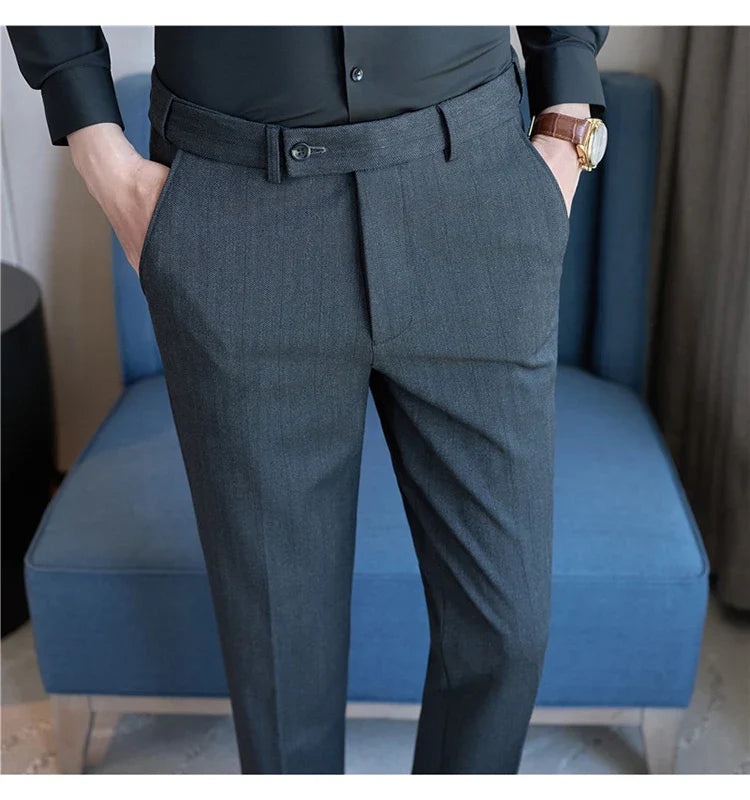 Autumn Winter New Thickened Wool Striped Suit Pants Men's High Qualitys Elastic Waist Slim Fit Business Casual Trousers 38-29