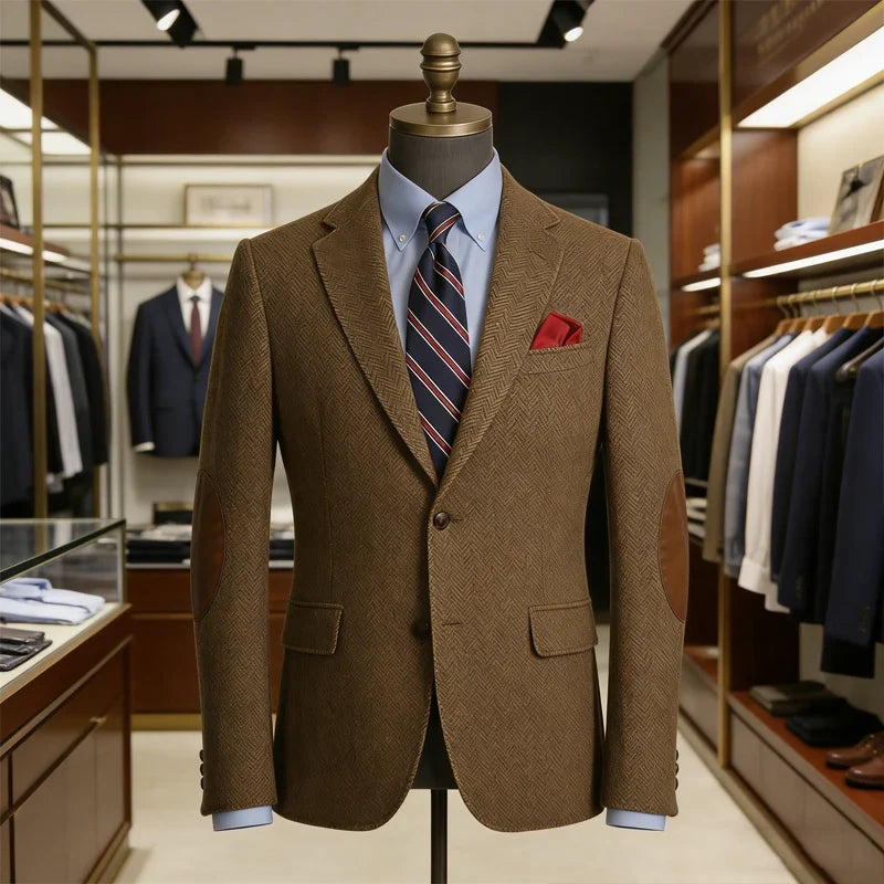 Men's Vintage Herringbone Tweed Blazer With Elbow Patch 2 Button Single Breasted Cotton Casual Slim Fit Business Jacket XS-7XL