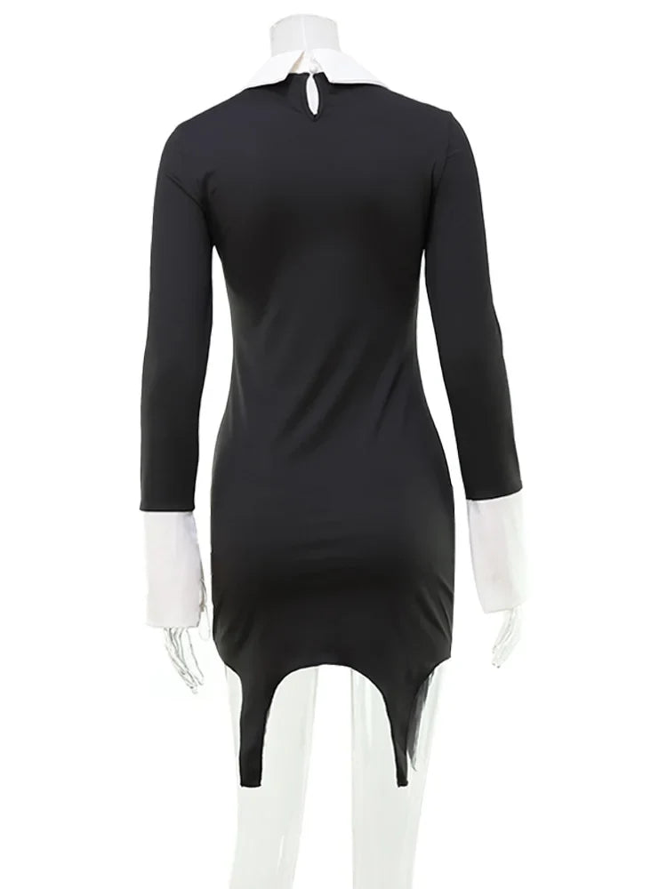 Turn-down Collar Solid Patchwork Long Sleeve Women Dresses Hip Wrap Fashion Sheath Outfits Female Sexy Club Bodycon Robe