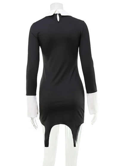Turn-down Collar Solid Patchwork Long Sleeve Women Dresses Hip Wrap Fashion Sheath Outfits Female Sexy Club Bodycon Robe