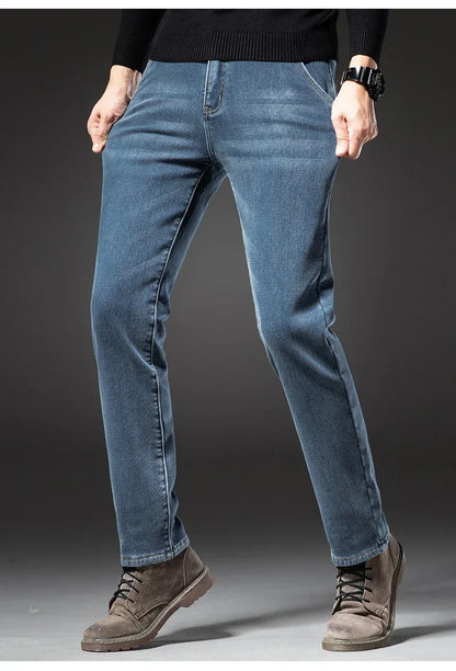 Winter Fleecy Thickened Warm Jeans Vintage Brand Classic Retro Youth Fashion Men Fit Straight Leg Casual Stretch Denim Pants