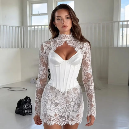 Sexy Mini Bride Gowns Backless Full Sleeve High Neck Lace Reception Wedding Dress Above Knee Bodycon Bride Dresses Customized