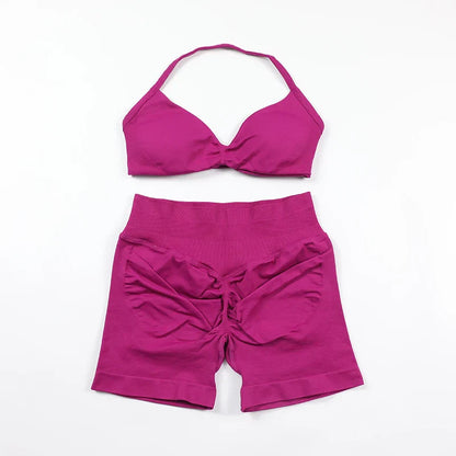 Scrunch Seamless Yoga Set Women Sportswear Ribbed Gym Shorts Strappy Sports Bra 2 Piece Set Halter Workout Clothes Fitness Suit