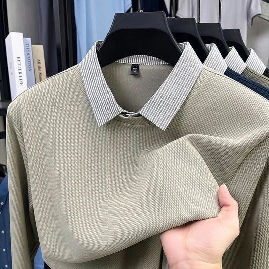 High End Brand Men's Striped Lapel Fake Two Piece Polo Shirt Designer Autumn Winter Fashion Business Simple Versatile Men's Wear