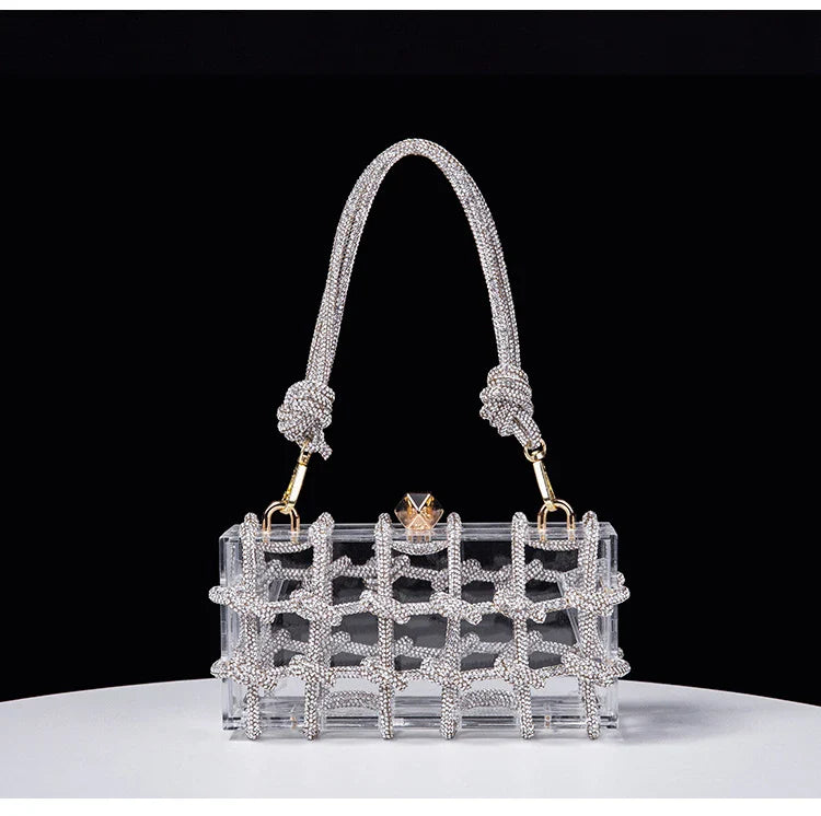 New Diamond Clear Acrylic Box Evening Clutch Bags Women Boutique Woven Knotted Rope Rhinestone Purses And Handbags Wedding Party