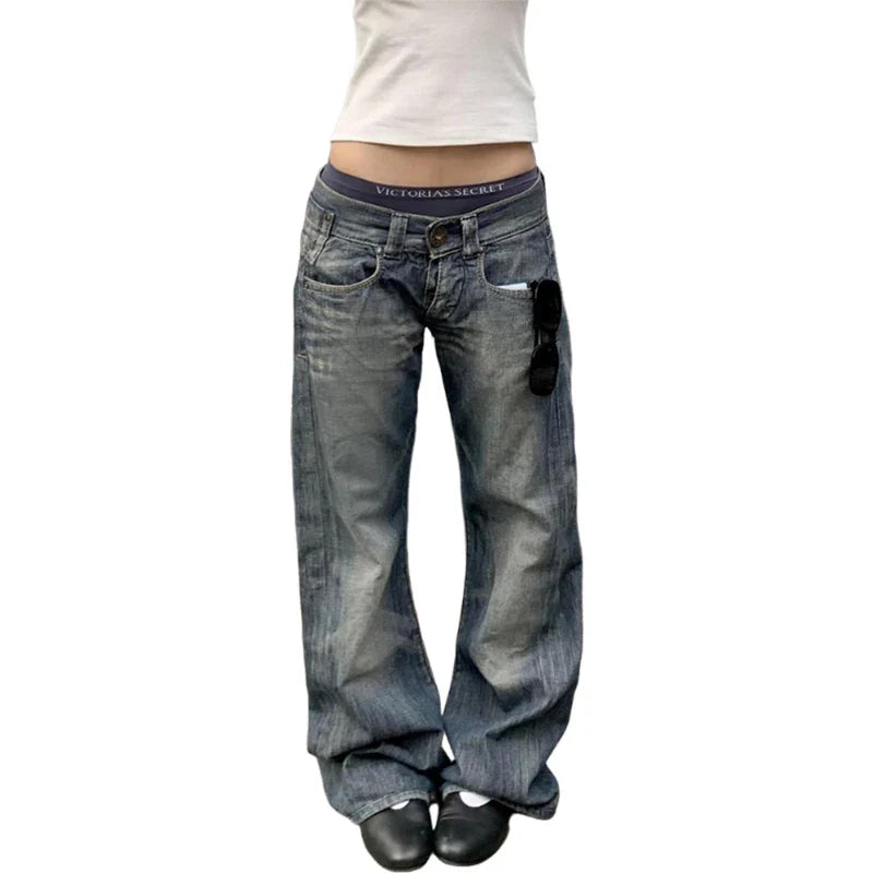 American Retro Washed Low Waist Jeans Women's Loose Straight Jeans Pants Street Winter Fashion Denim Pants