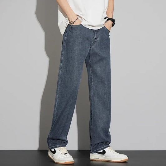 2025 New Lyocell Summer Thin Business Male Pants Jeans Men's High Waist Loose Comfortable Straight Elastic Denim Trousers