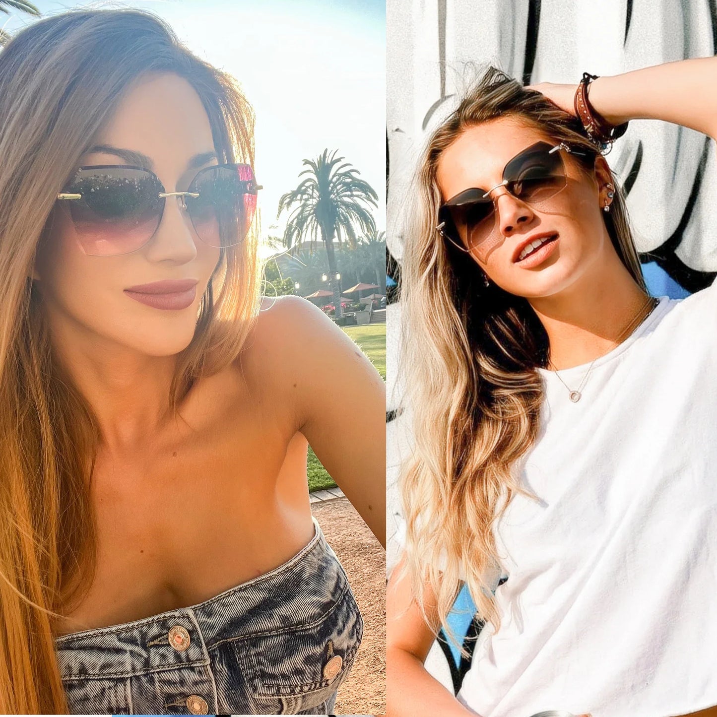 Fashion Women Rimless Sunglasses for Ladies Trendy Geometric Diamond Cutting Gradient Lens UV Protection Shades