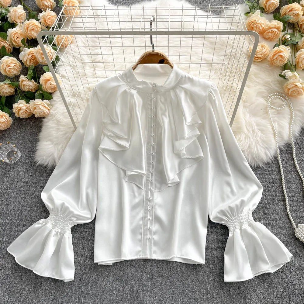 High Quality Satin Loose Shirt Long Flared Sleeves Ruffles O Neck Beading  Women Gentle Office Lady Casual Blouse