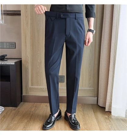 Men's High-Grade Trousers, Stretch Waist, Casual Trousers Slim Fit Navy Blue, Business All-Match，Male Pants