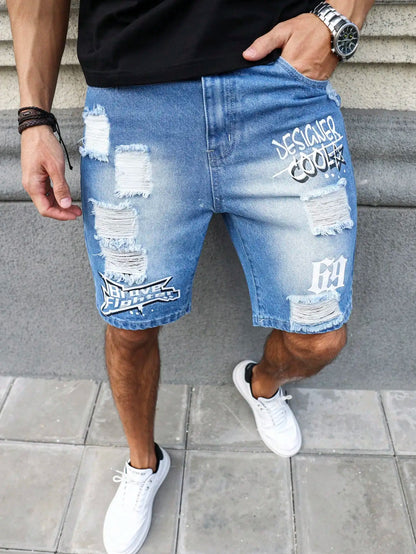 Men's Summer Blue Ripped Printed Denim Shorts. Trendy Ripped Design. Stylish Text Prints.