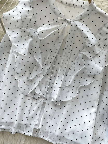 French Sweet Long Sleeved Blouse Women's Clothing Spring Autumn Bow Ruffle Edge Polka Dot Printed Chiffon Shirt Top C42