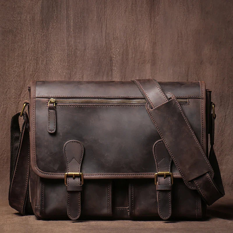 Vintage Crazy Horse Leather Messenger Bag Men's Genuine Luxury Sling Shoulder Bag Office Briefcase Crossbody 12.9 Inch Ipad