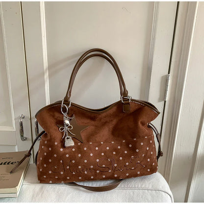 Vintage Frosted Tote Bag Casual Students Purse Large Capacity Shoulder Bag Polka Dot Drawstring Zipper Handbag With Star Pendant