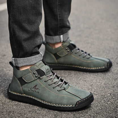 New 2025 Handmade Leather Casual Men Shoes Design Sneakers Man Breathable Leather Shoes Ankle Boots Outdoor Non Slip Walking