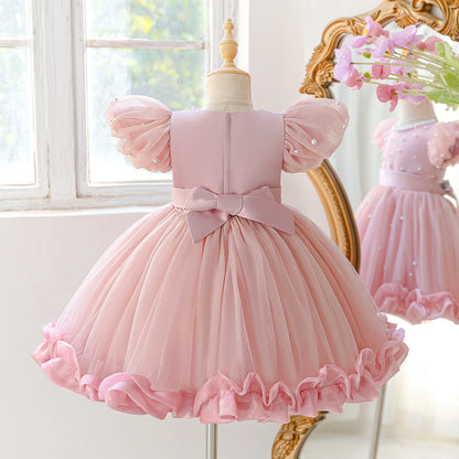 Summer Flower Girls Dress Elegant Imitation Pearl Birthday Party Prom Dress Girl Tulle Wedding Bridesmaids Pageant Princess Gown