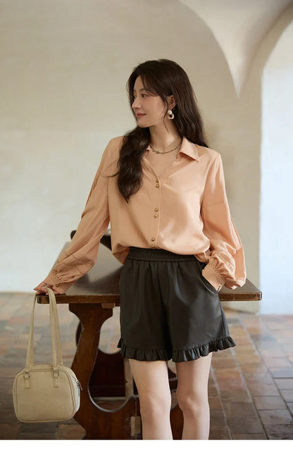 Women's Shirt Lantern Sleeve Hollow Out Tops 2025 Autumn Single Breasted Solid Shirts Lapel Shirt Office Lady MXE41C2359