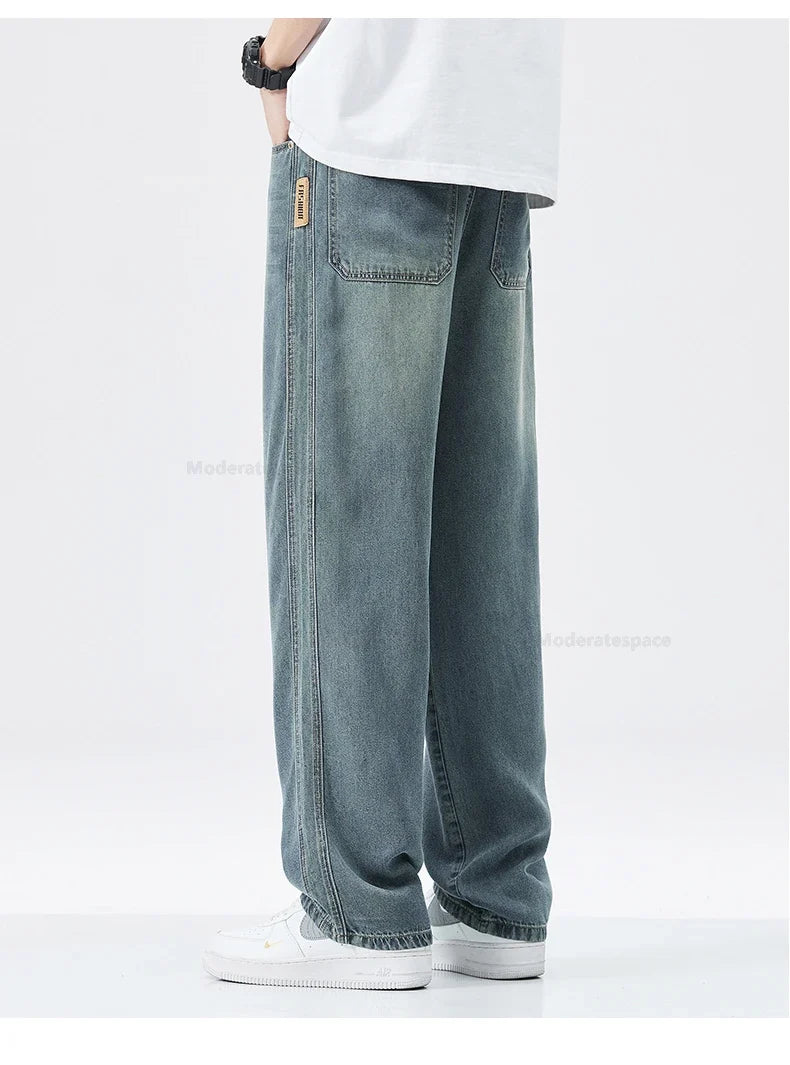 Stretch Jeans Men's 2024 New Lyocell Fabric High Quality Soft Loose Wide Pants Elastic Waist Casual Denim Trousers Streetwear
