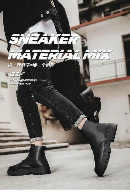 Men Shoes Autumn Anti Slip Waterproof High Top Black Lace Up Casual Leather Shoes Platform Boots Fashion Trend Motorcycle Boots